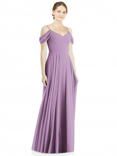 Comprar lavanda oscura línea A Hombros Descubiertos Tirantes espagueti Gasa Largo Vestidos de dama de honor