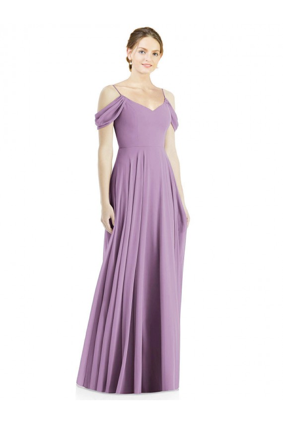 Comprar lavanda oscura línea A Hombros Descubiertos Tirantes espagueti Gasa Largo Vestidos de dama de honor