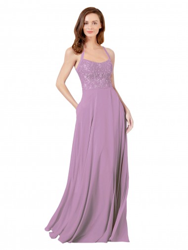 Comprar lavanda oscura línea A Tirantes espagueti Gasa Encaje Largo Vestidos de dama de honor