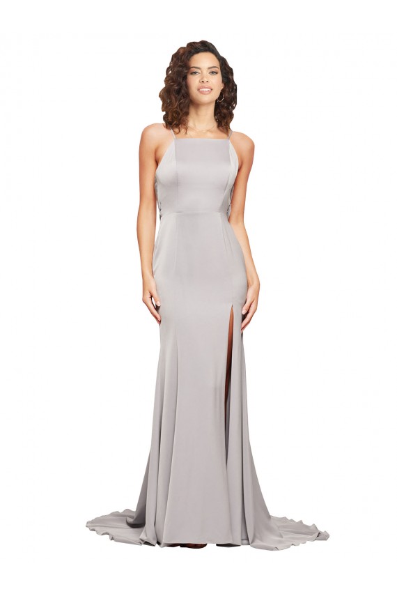 Comprar línea A Cuello Alto Barrer tren Satén elástico Largo Formales Vestidos de dama de honor / Vestidos de fiesta