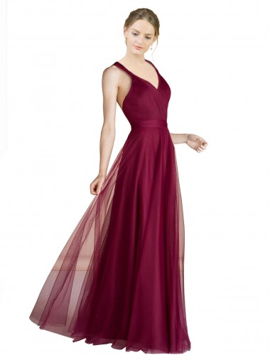 Comprar línea A Cuello en V Cuello de Corazón Tul Largo Vestidos de dama de honor