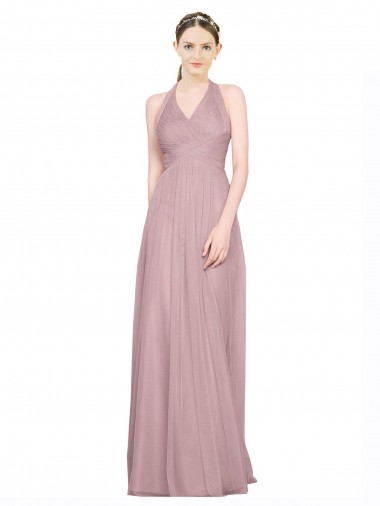 Comprar línea A Halter Cuello en V Tul Largo Vestidos de dama de honor
