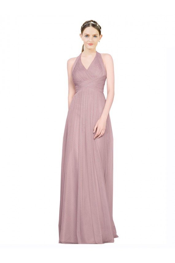 Comprar línea A Halter Cuello en V Tul Largo Vestidos de dama de honor