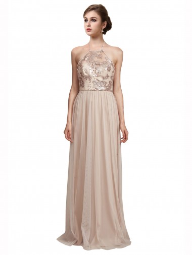 Comprar línea A Halter Tul Largo Vestidos de dama de honor