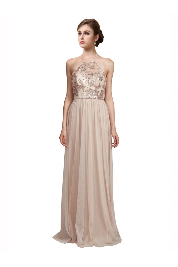Comprar línea A Halter Tul Largo Vestidos de dama de honor